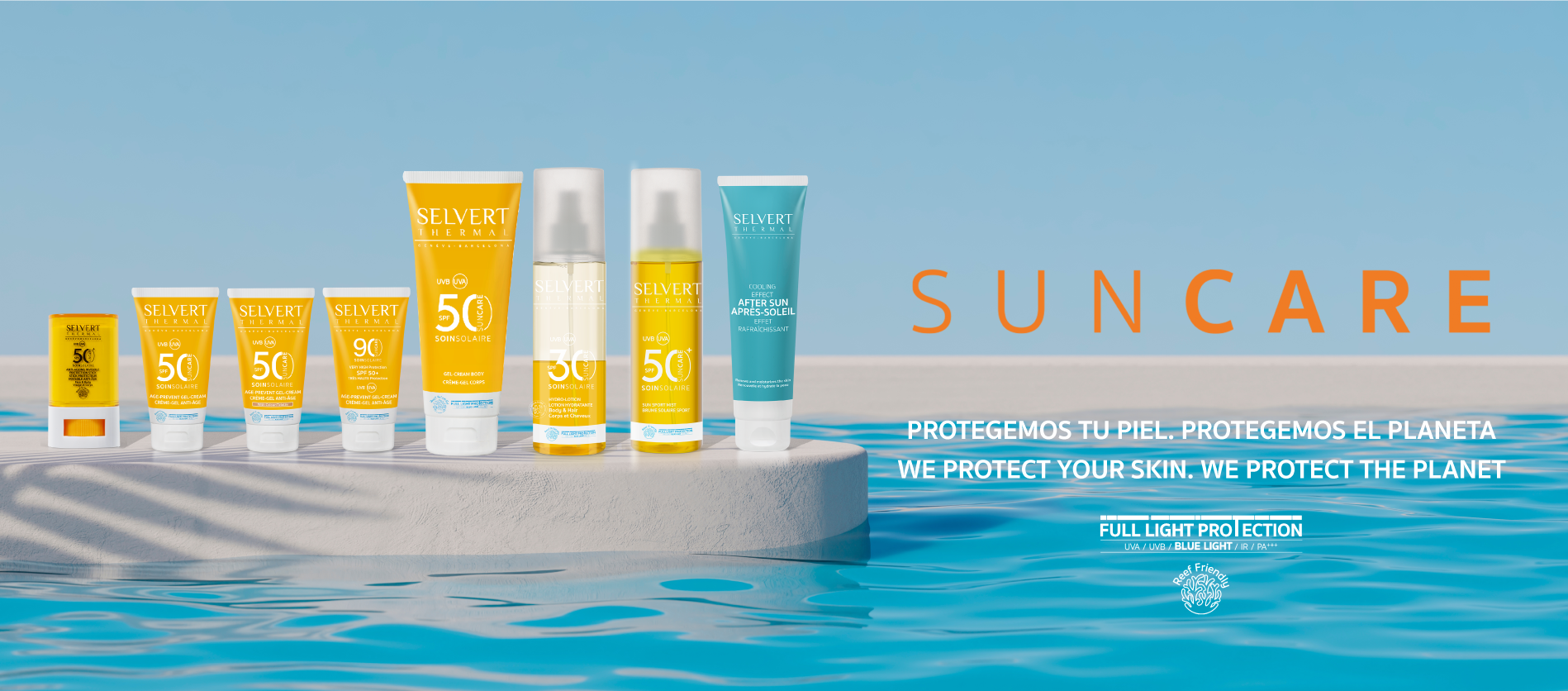 SUN CARE <p>WE PROTECT YOUR SKIN. WE PROTECT THE PLANET</p>
<p>&nbsp;</p>
<p>New facial and body sun care line providing latest-generation lightweight textures, protecting the skin from photoageing while preserving the marine ecosystem thanks to our Reef Friendly formula.<br />The entire range has been formulated with our revolutionary Full Light Protection technology as well as Pro-Vitamin D&reg;, an active ingredient that promotes the synthesis of Vitamin D in the skin, helping to improve its barrier function.<br />Products are fragranced with a delicious blend of citrus and vanilla notes and are water resistant.</p>
<p>&nbsp;</p>
<p>Thanks to this innovative technology, the skin is protected from a broad spectrum of radiation, preventing photoageing.</p>
<ul>
<li>UVB + UVA protection</li>
<li>IR protection (infrared radiation)</li>
<li>Blue light protection (electromagnetic waves emitted by screens)<br /><br /></li>
</ul>
<p style="text-align: center;">We have always taken care of your skin. Now we&rsquo;re also committed to the planet.</p>
<p><br />That&rsquo;s why the entire Selvert Thermal sun care range has been formulated to be <strong>100% free of Oxybenzone and Octinoxate</strong>, components that severely damage coral reefs around the world.</p>